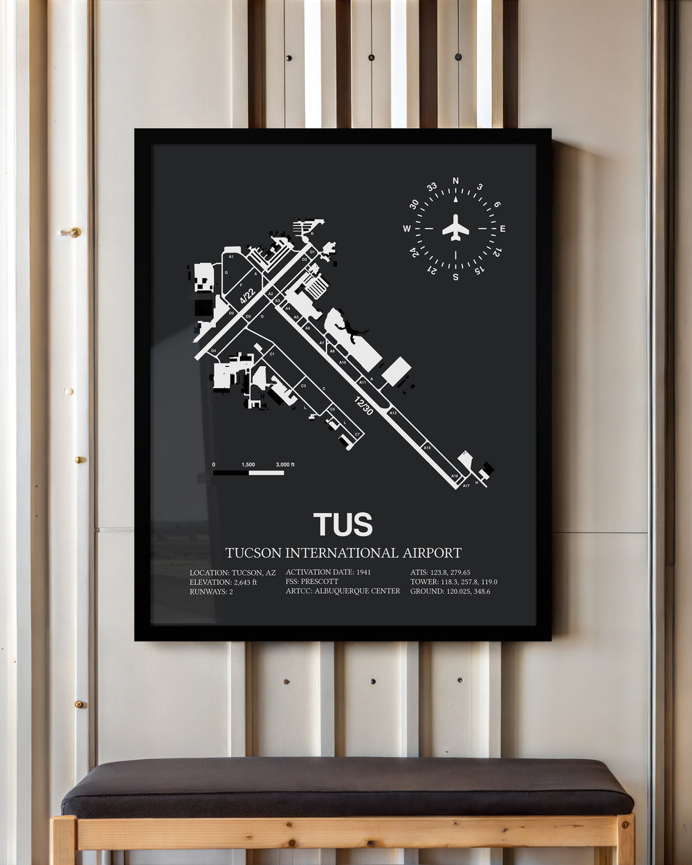 Framed Detailed Airport Map of Tucson International Airport (TUS) in Gray with a Black Frame