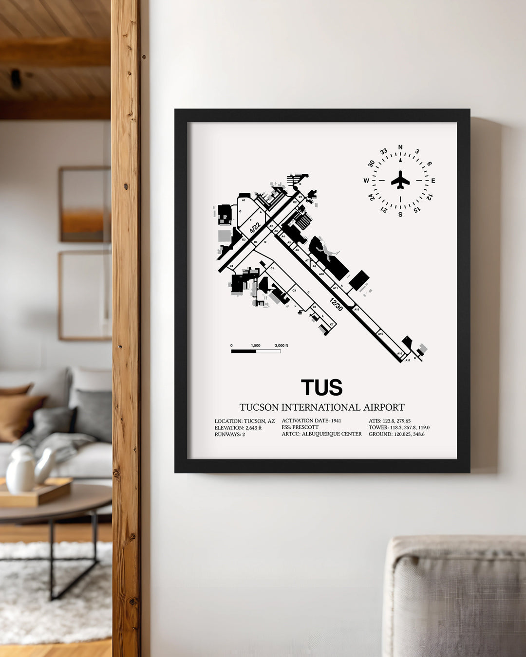 Framed Detailed Airport Map of Tucson International Airport (TUS) in White with a Black Frame