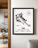Framed Detailed Airport Map of Tucson International Airport (TUS) in White with a Black Frame