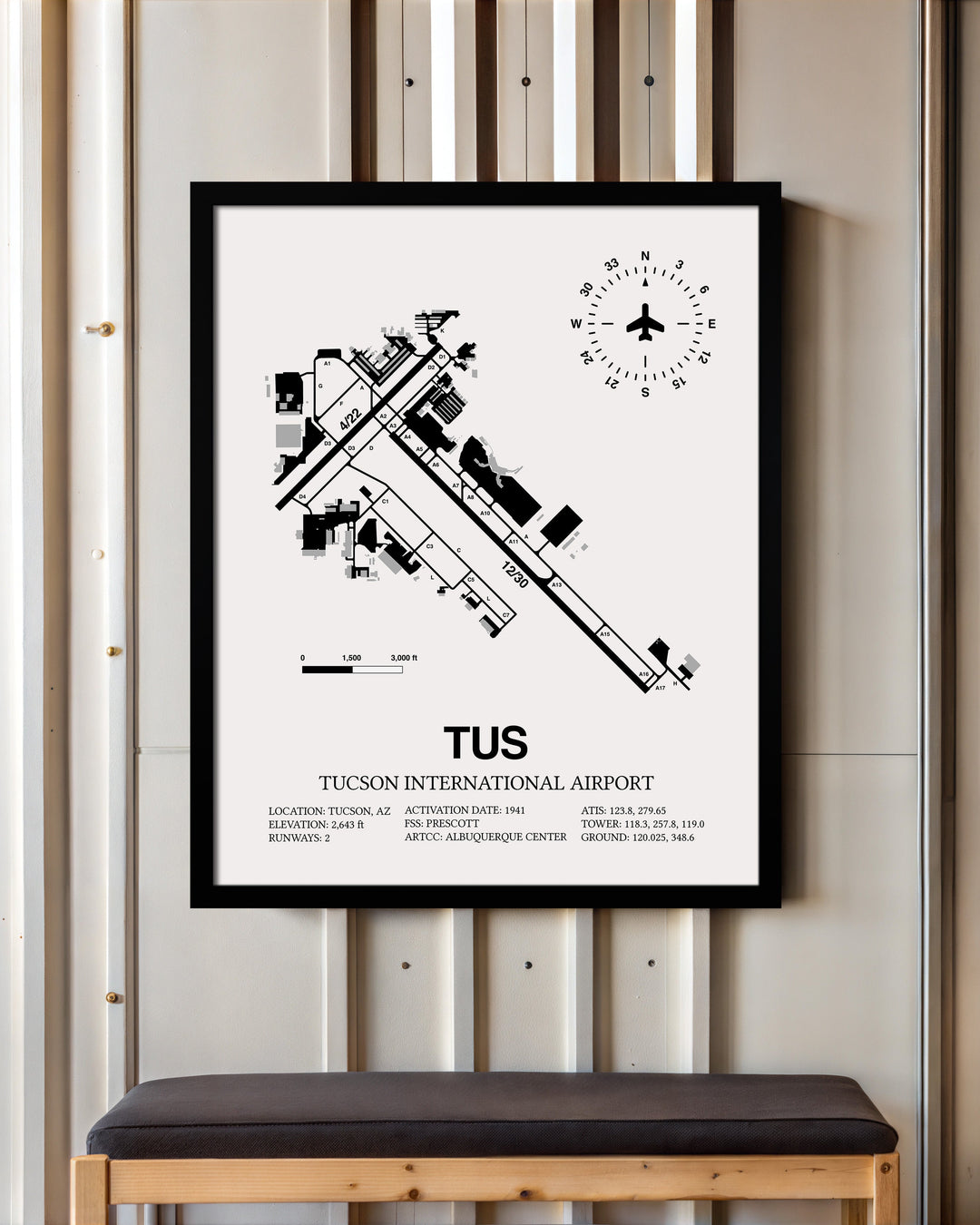 Framed Detailed Airport Map of Tucson International Airport (TUS) in White with a Black Frame