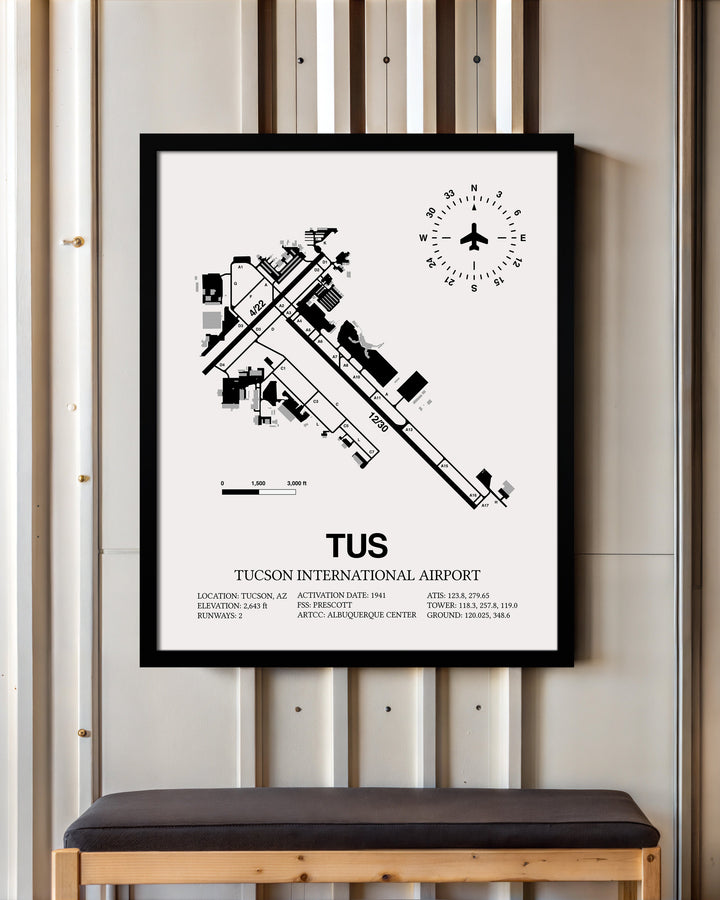 Framed Detailed Airport Map of Tucson International Airport (TUS) in White with a Black Frame