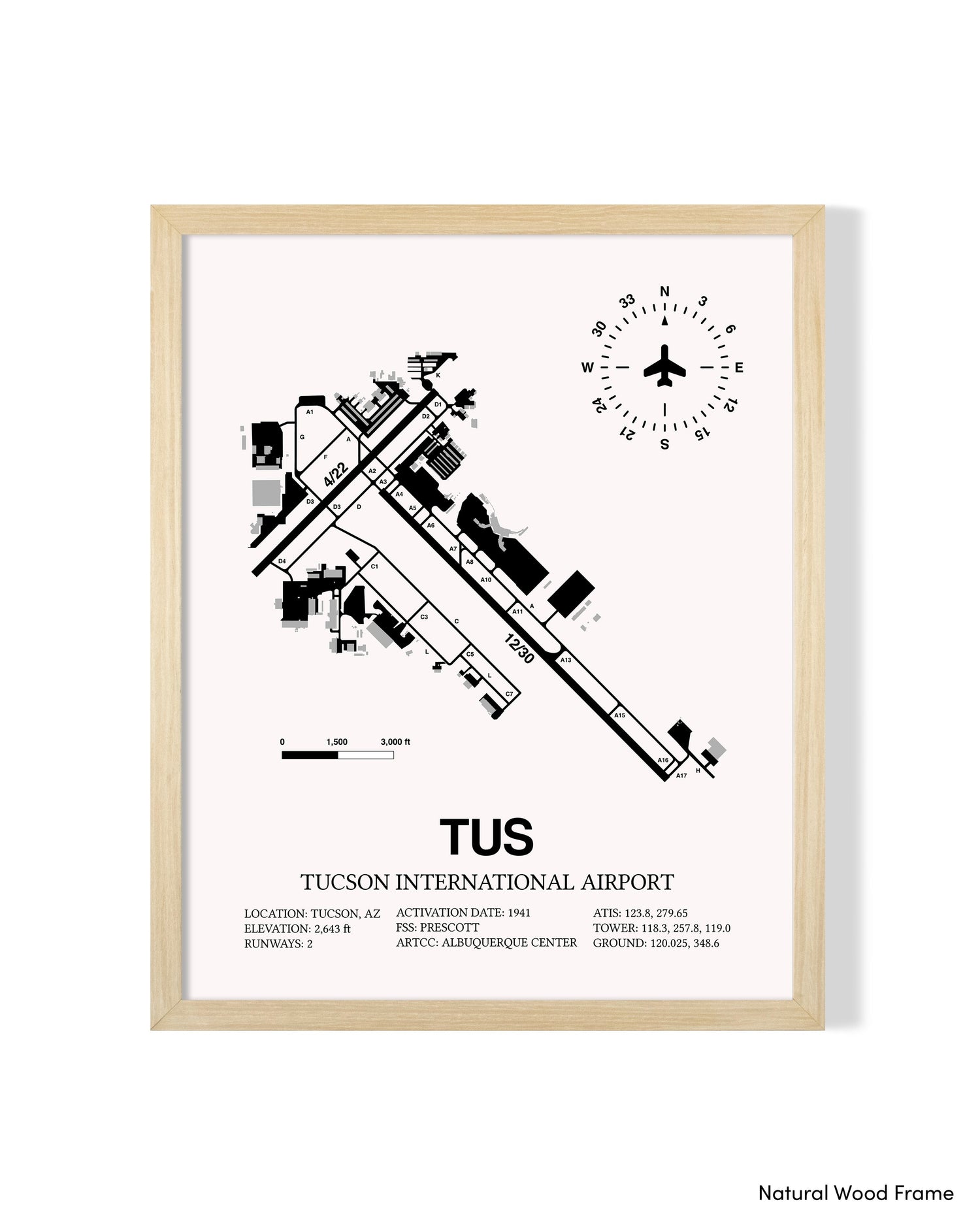 Detailed Airport Map of Tucson International Airport (TUS) in White with a Natural Frame