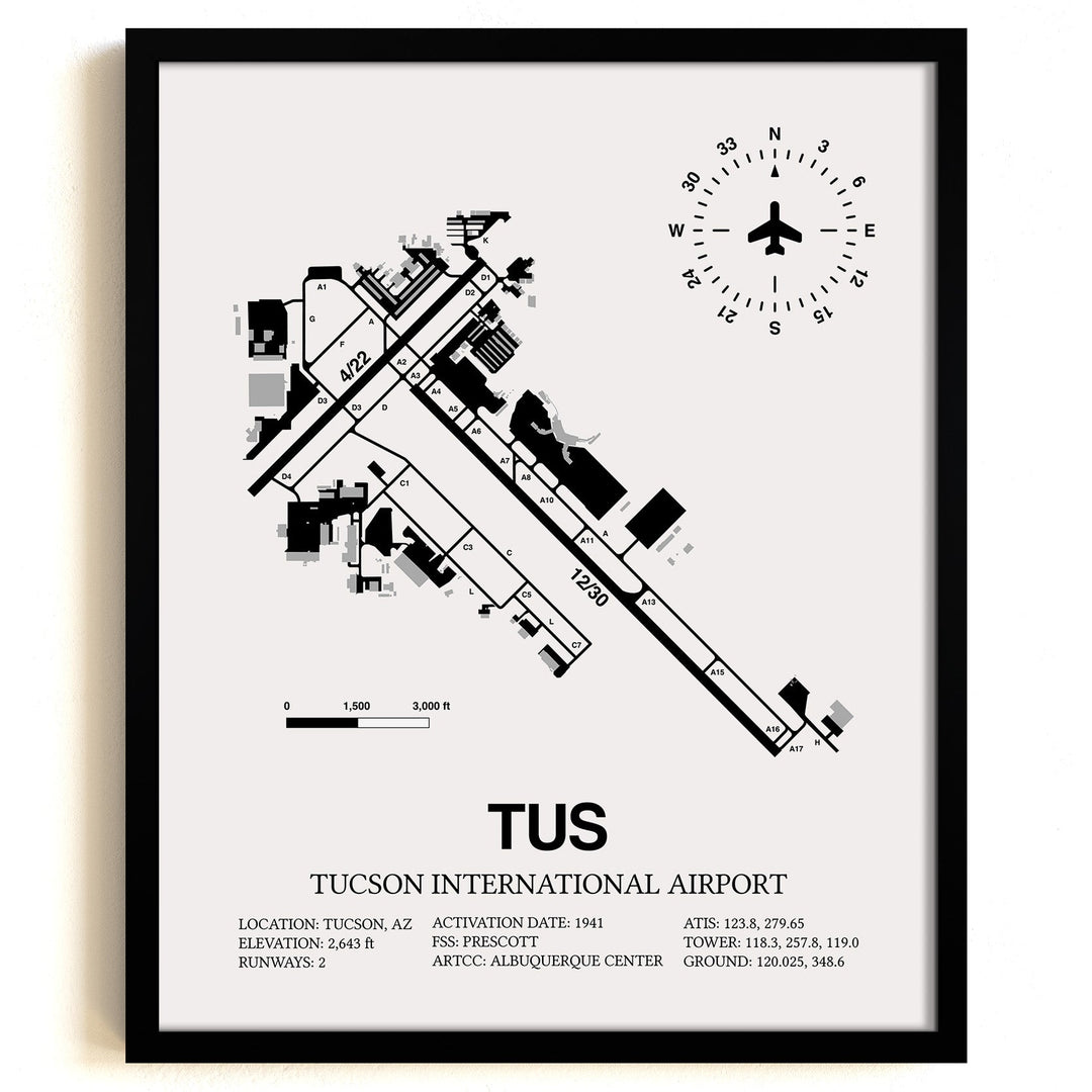 Framed Detailed Airport Map of Tucson International Airport (TUS) in White with a Black Frame
