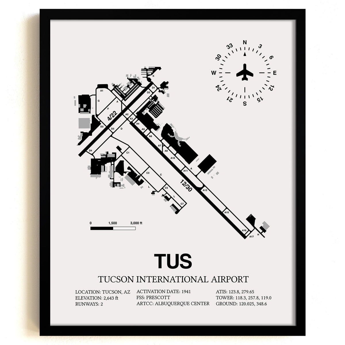 Framed Detailed Airport Map of Tucson International Airport (TUS) in White with a Black Frame