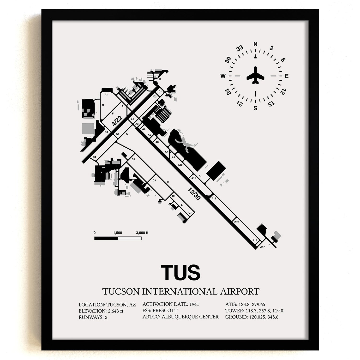 Framed Detailed Airport Map of Tucson International Airport (TUS) in White with a Black Frame