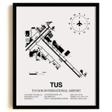 Framed Detailed Airport Map of Tucson International Airport (TUS) in White with a Black Frame