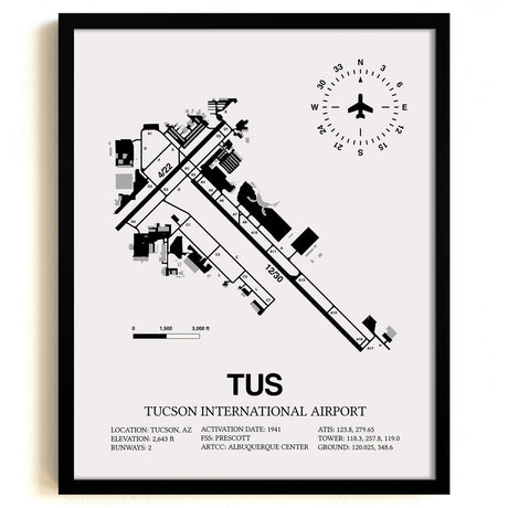 Framed Detailed Airport Map of Tucson International Airport (TUS) in White with a Black Frame