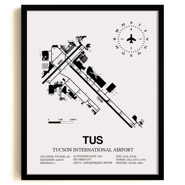 Framed Detailed Airport Map of Tucson International Airport (TUS) in White with a Black Frame