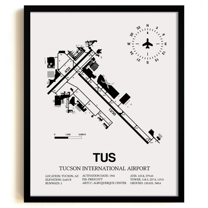 Framed Detailed Airport Map of Tucson International Airport (TUS) in White with a Black Frame