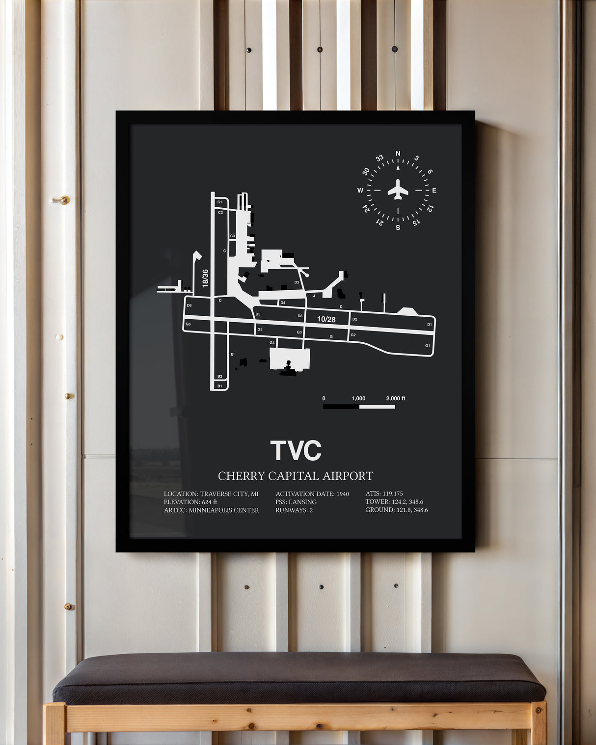 Framed Detailed Airport Map of Cherry Capital Airport (TVC) in Gray with a Black Frame