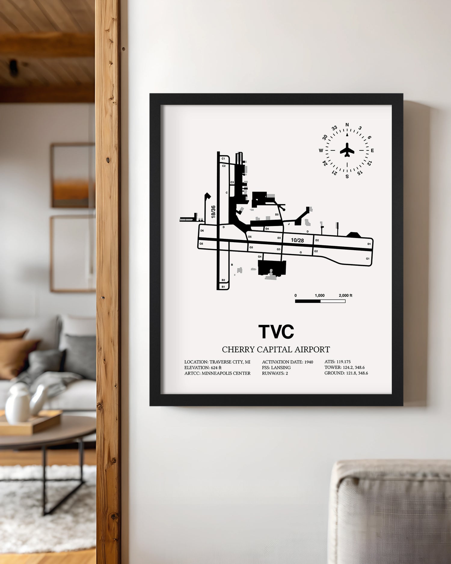 Framed Detailed Airport Map of Cherry Capital Airport (TVC) in White with a Black Frame