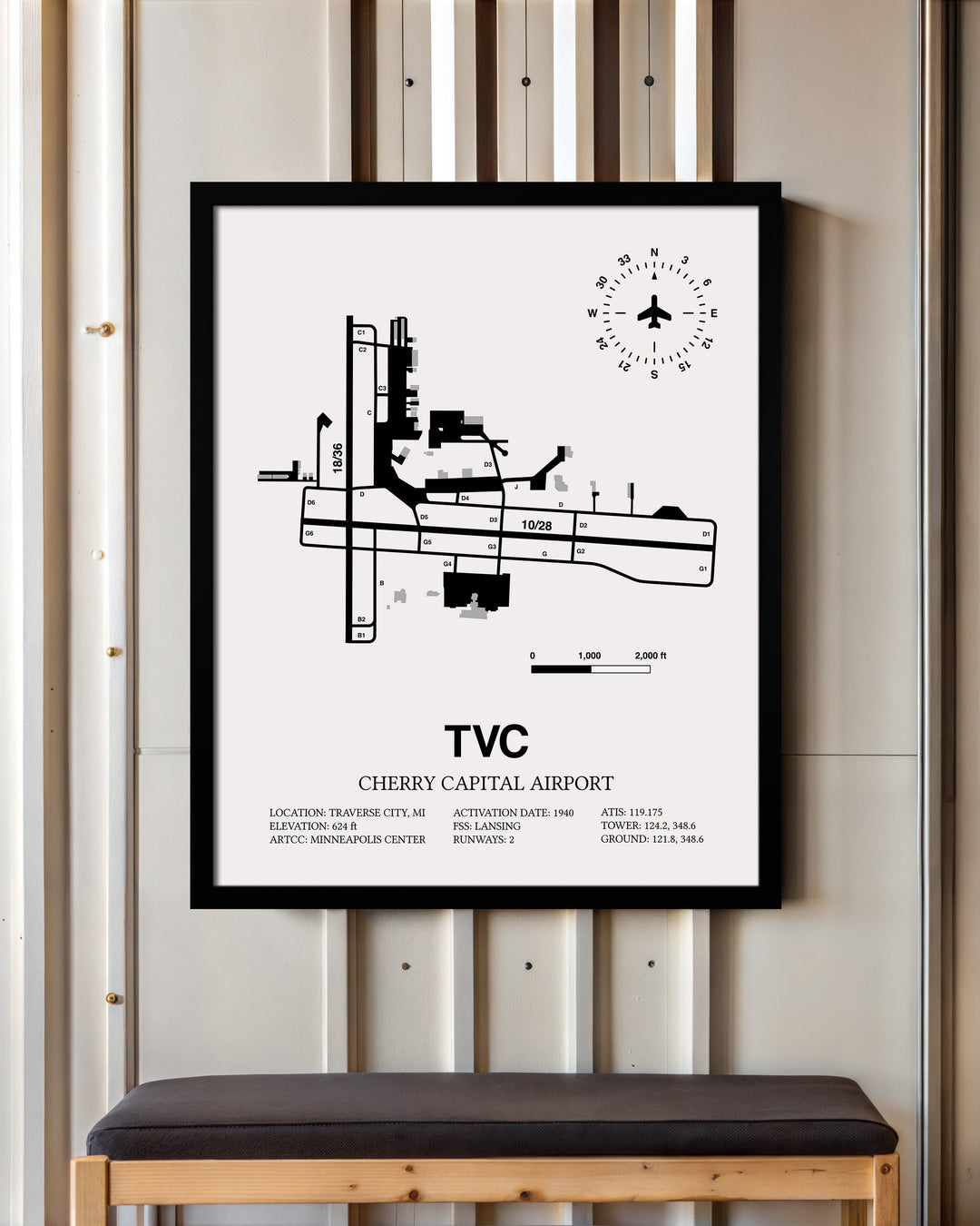 Framed Detailed Airport Map of Cherry Capital Airport (TVC) in White with a Black Frame