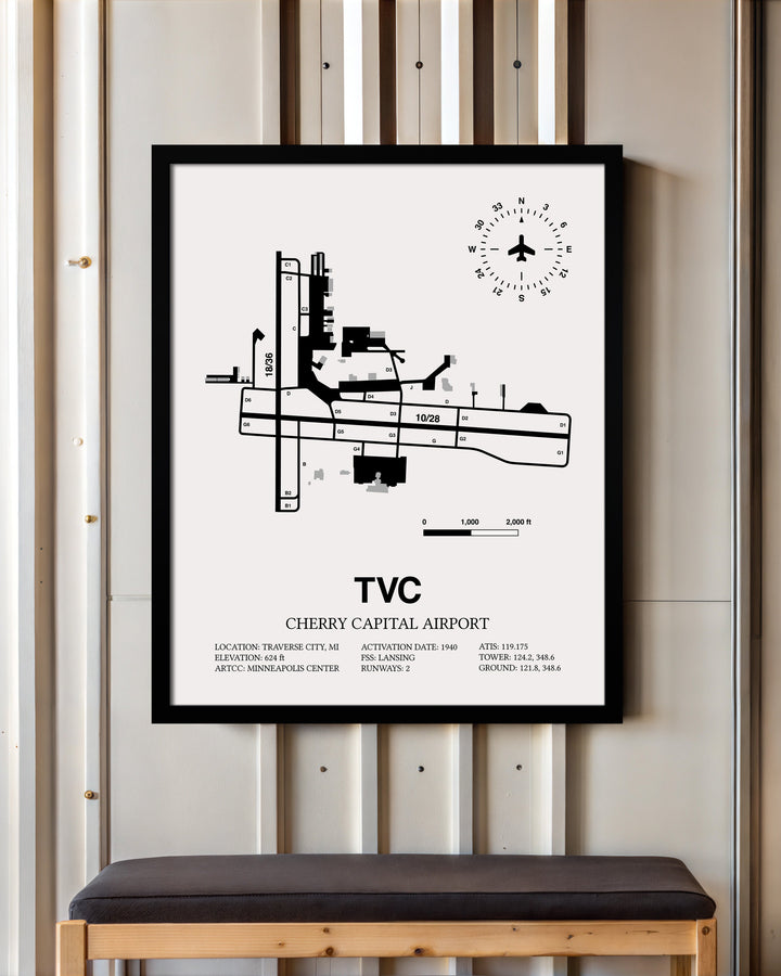 Framed Detailed Airport Map of Cherry Capital Airport (TVC) in White with a Black Frame