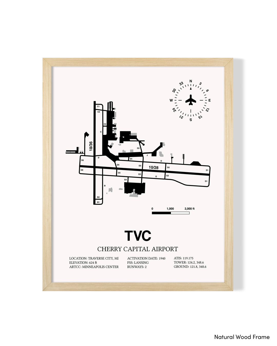Detailed Airport Map of Cherry Capital Airport (TVC) in White with a Natural Frame