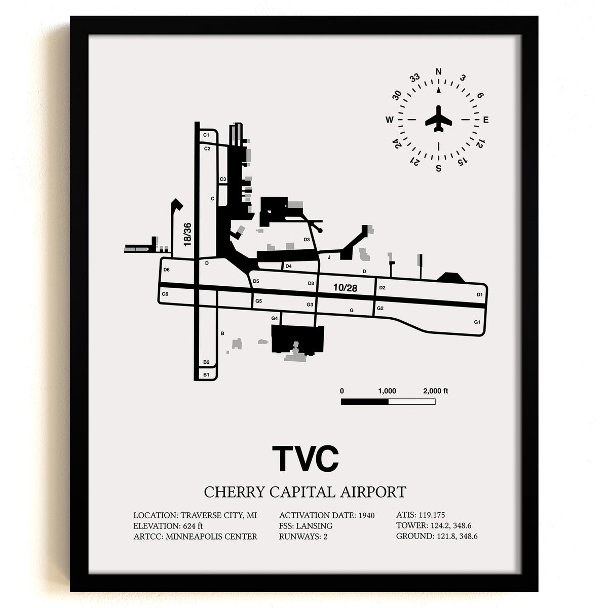 Framed Detailed Airport Map of Cherry Capital Airport (TVC) in White with a Black Frame