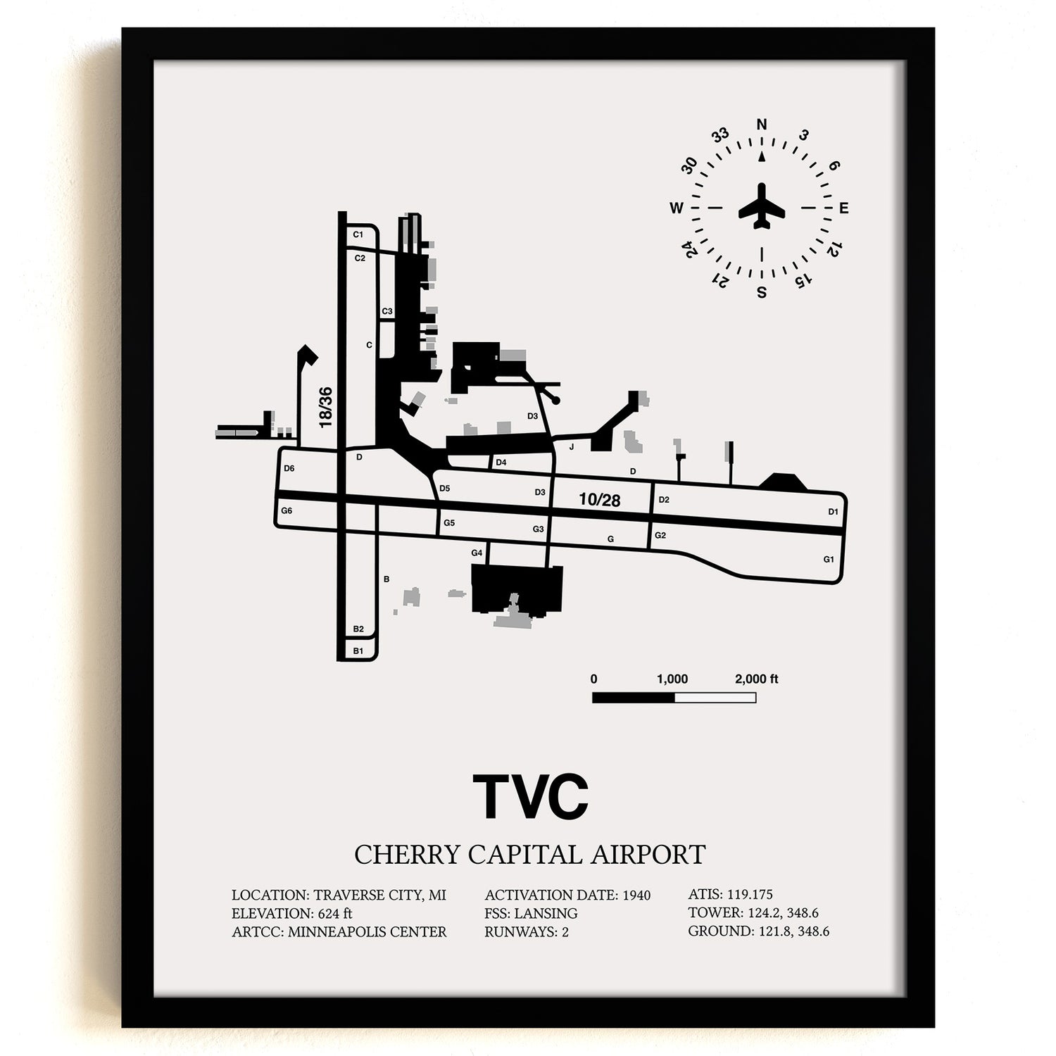 Framed Detailed Airport Map of Cherry Capital Airport (TVC) in White with a Black Frame