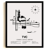 Framed Detailed Airport Map of Cherry Capital Airport (TVC) in White with a Black Frame