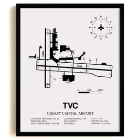 Framed Detailed Airport Map of Cherry Capital Airport (TVC) in White with a Black Frame