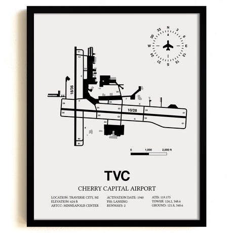 Framed Detailed Airport Map of Cherry Capital Airport (TVC) in White with a Black Frame