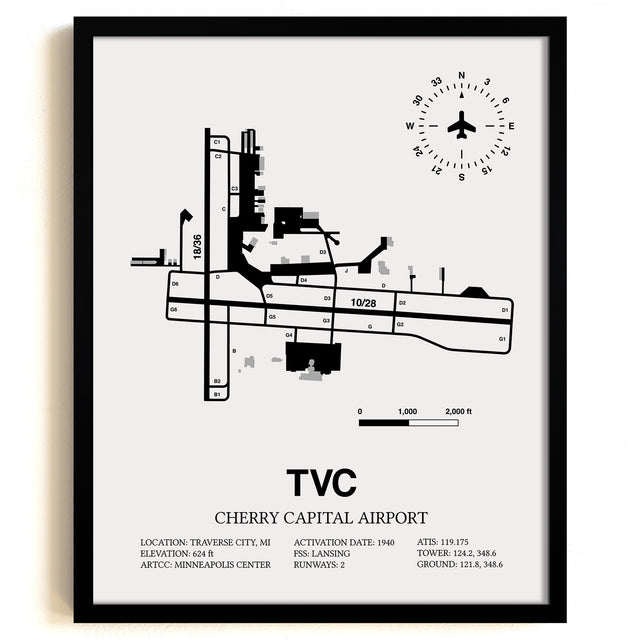 Framed Detailed Airport Map of Cherry Capital Airport (TVC) in White with a Black Frame
