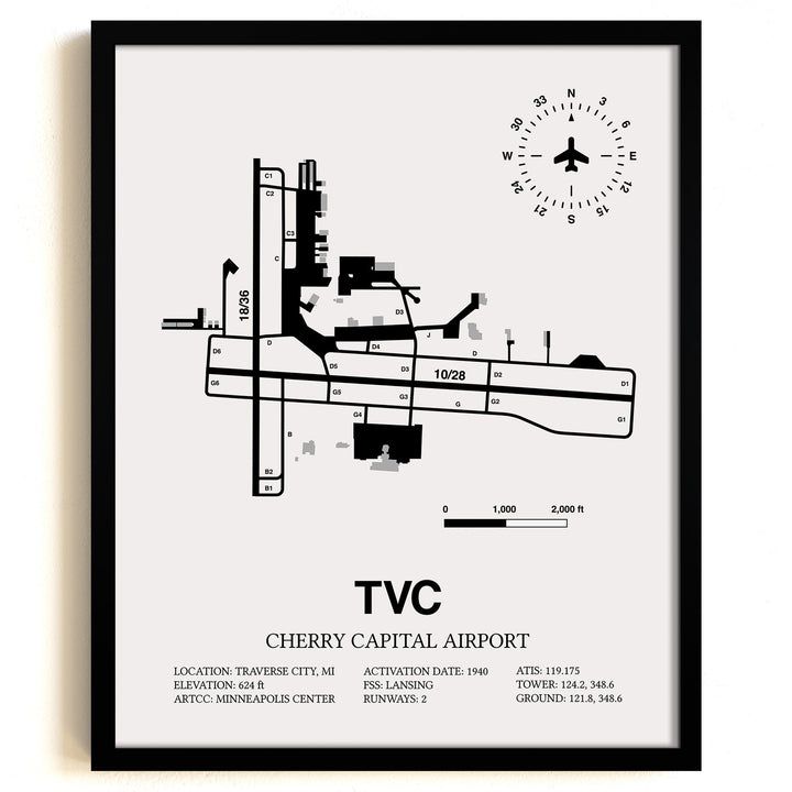 Framed Detailed Airport Map of Cherry Capital Airport (TVC) in White with a Black Frame