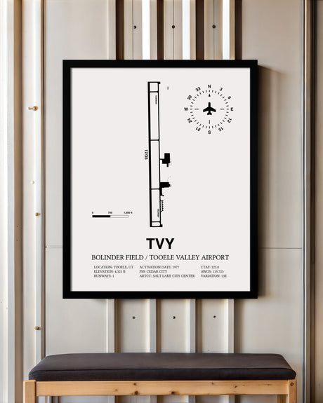 Framed Detailed Airport Map of Bolinder Field / Tooele Valley Airport (TVY) in White with a Black Frame