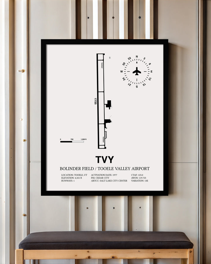 Framed Detailed Airport Map of Bolinder Field / Tooele Valley Airport (TVY) in White with a Black Frame