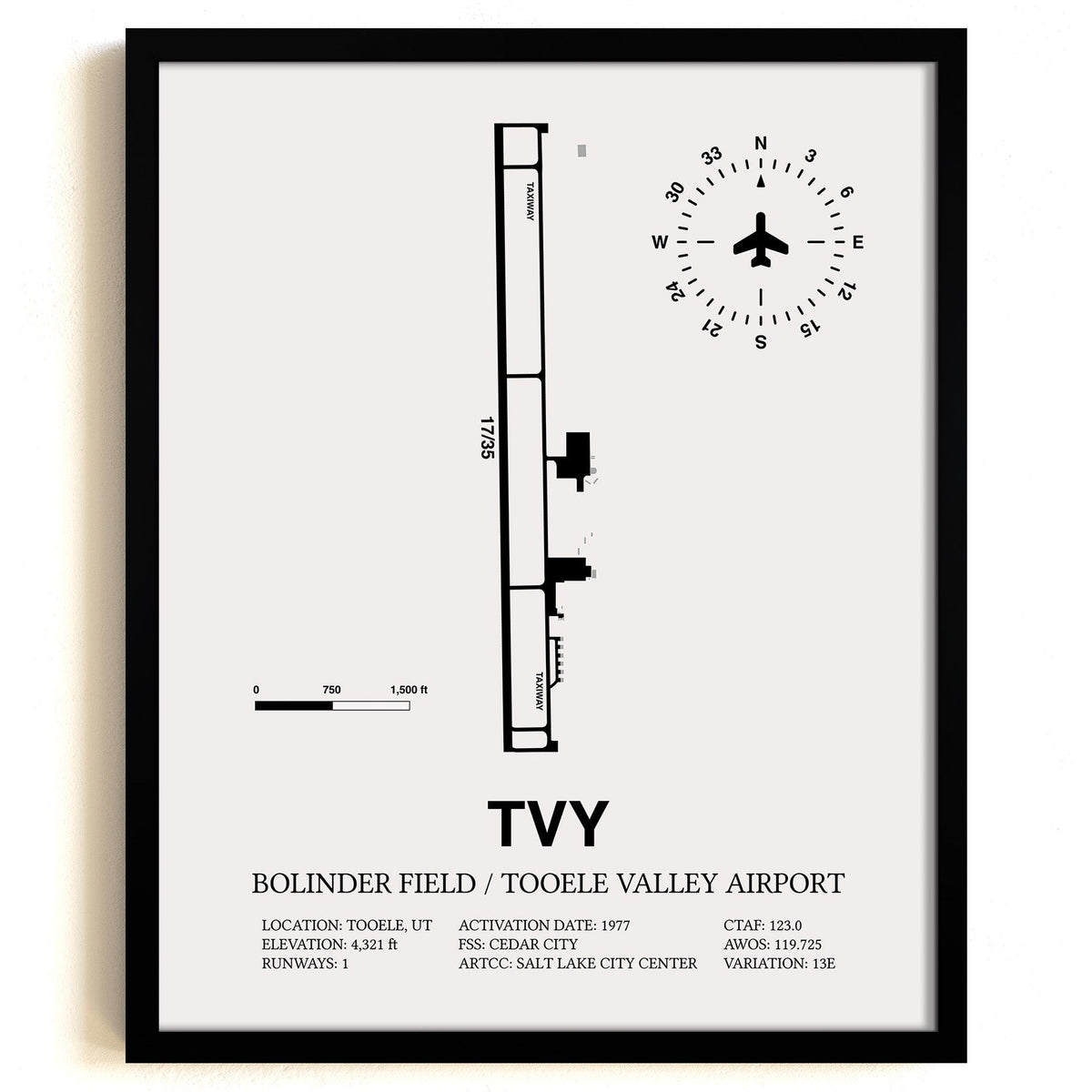 Framed Detailed Airport Map of Bolinder Field / Tooele Valley Airport (TVY) in White with a Black Frame