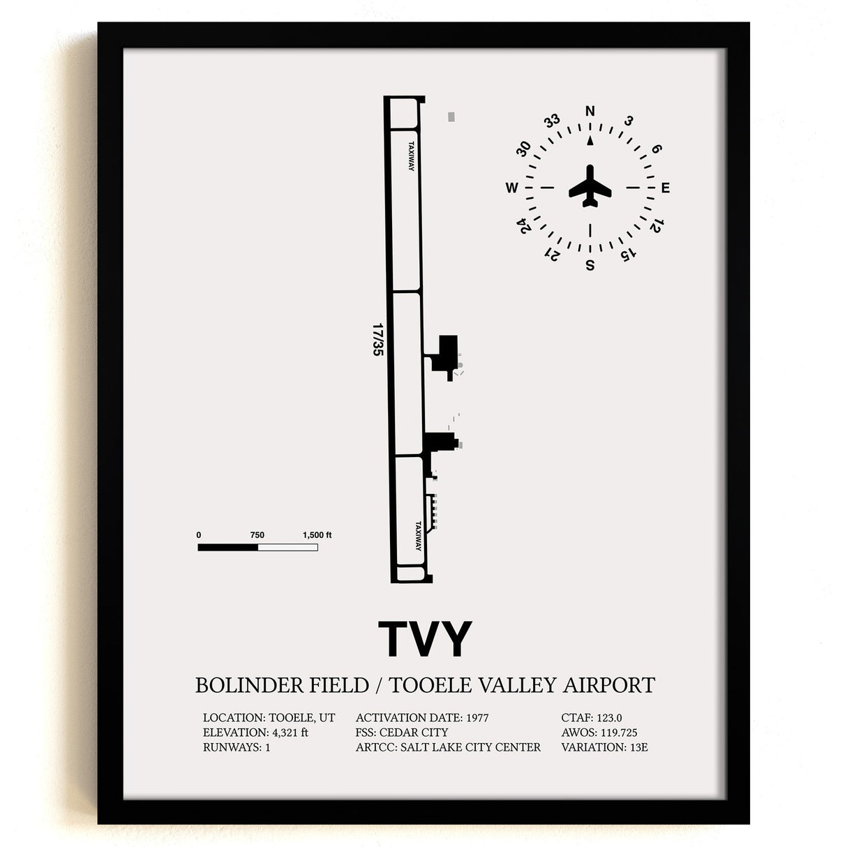 Framed Detailed Airport Map of Bolinder Field / Tooele Valley Airport (TVY) in White with a Black Frame