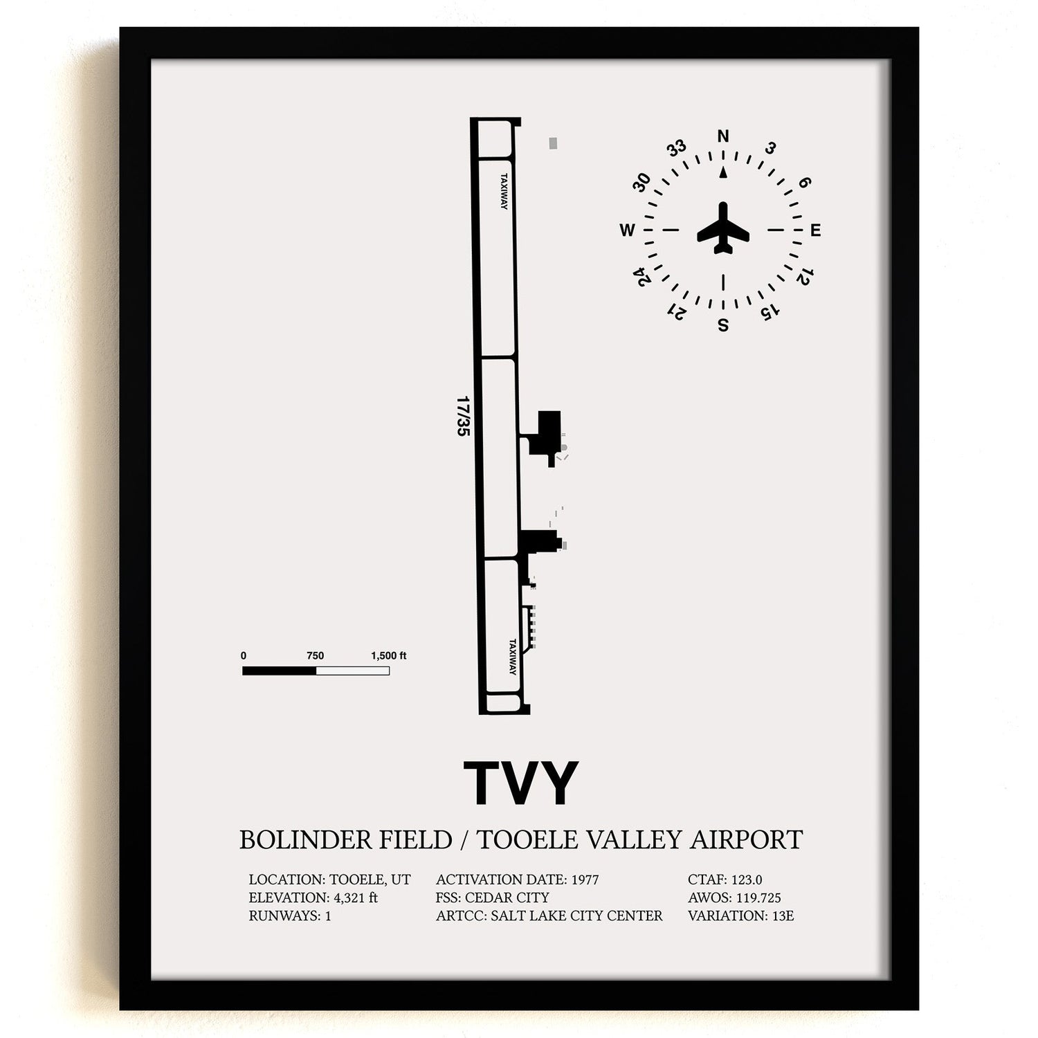 Framed Detailed Airport Map of Bolinder Field / Tooele Valley Airport (TVY) in White with a Black Frame