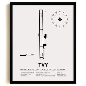 Framed Detailed Airport Map of Bolinder Field / Tooele Valley Airport (TVY) in White with a Black Frame