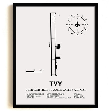 Framed Detailed Airport Map of Bolinder Field / Tooele Valley Airport (TVY) in White with a Black Frame