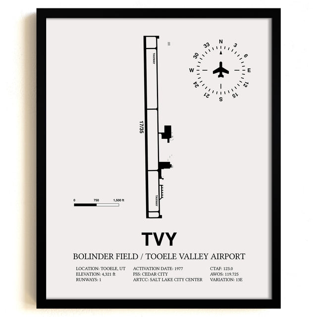 Framed Detailed Airport Map of Bolinder Field / Tooele Valley Airport (TVY) in White with a Black Frame