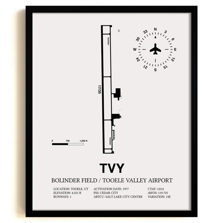 Framed Detailed Airport Map of Bolinder Field / Tooele Valley Airport (TVY) in White with a Black Frame
