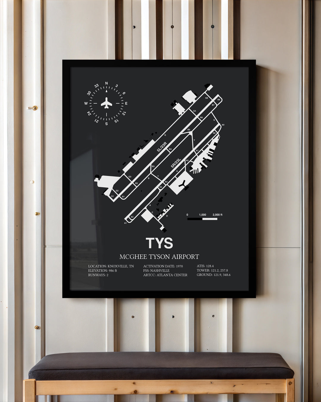 Framed Detailed Airport Map of McGhee Tyson Airport (TYS) in Gray with a Black Frame