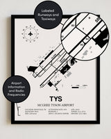 Framed Detailed Airport Map of McGhee Tyson Airport (TYS) in White with a Black Frame