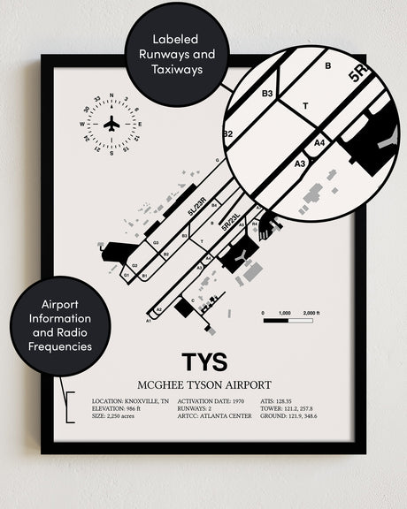 Framed Detailed Airport Map of McGhee Tyson Airport (TYS) in White with a Black Frame