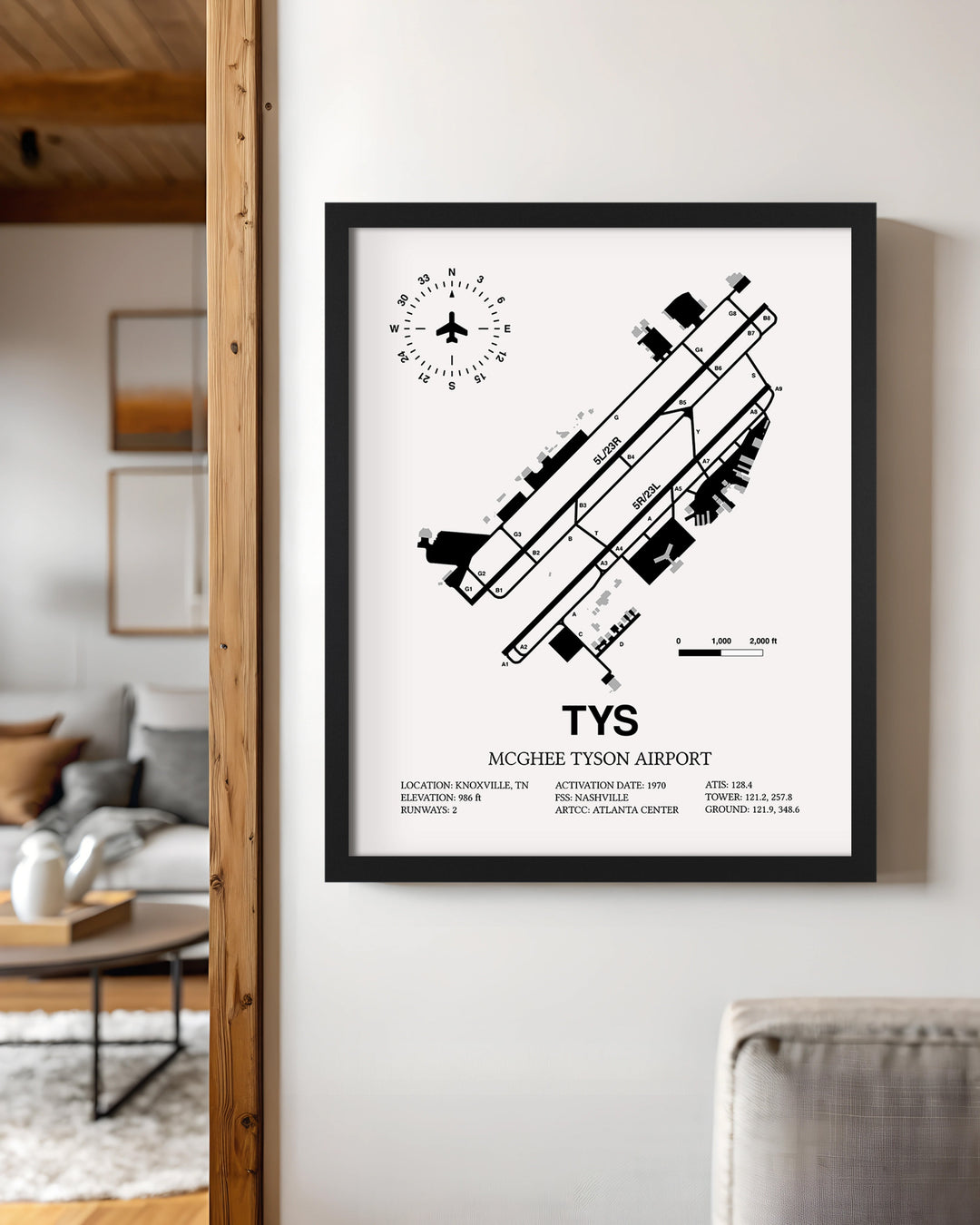 Framed Detailed Airport Map of McGhee Tyson Airport (TYS) in White with a Black Frame