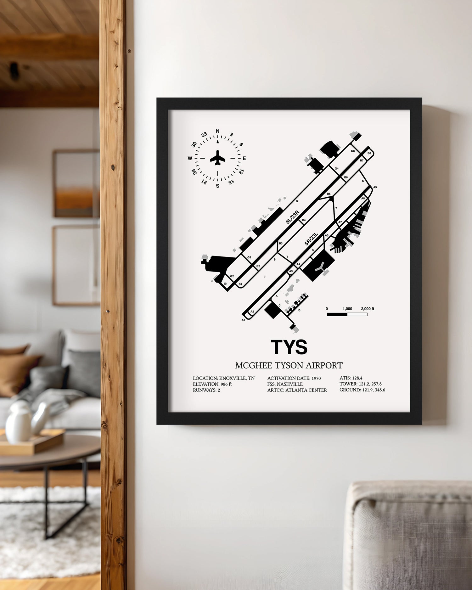 Framed Detailed Airport Map of McGhee Tyson Airport (TYS) in White with a Black Frame