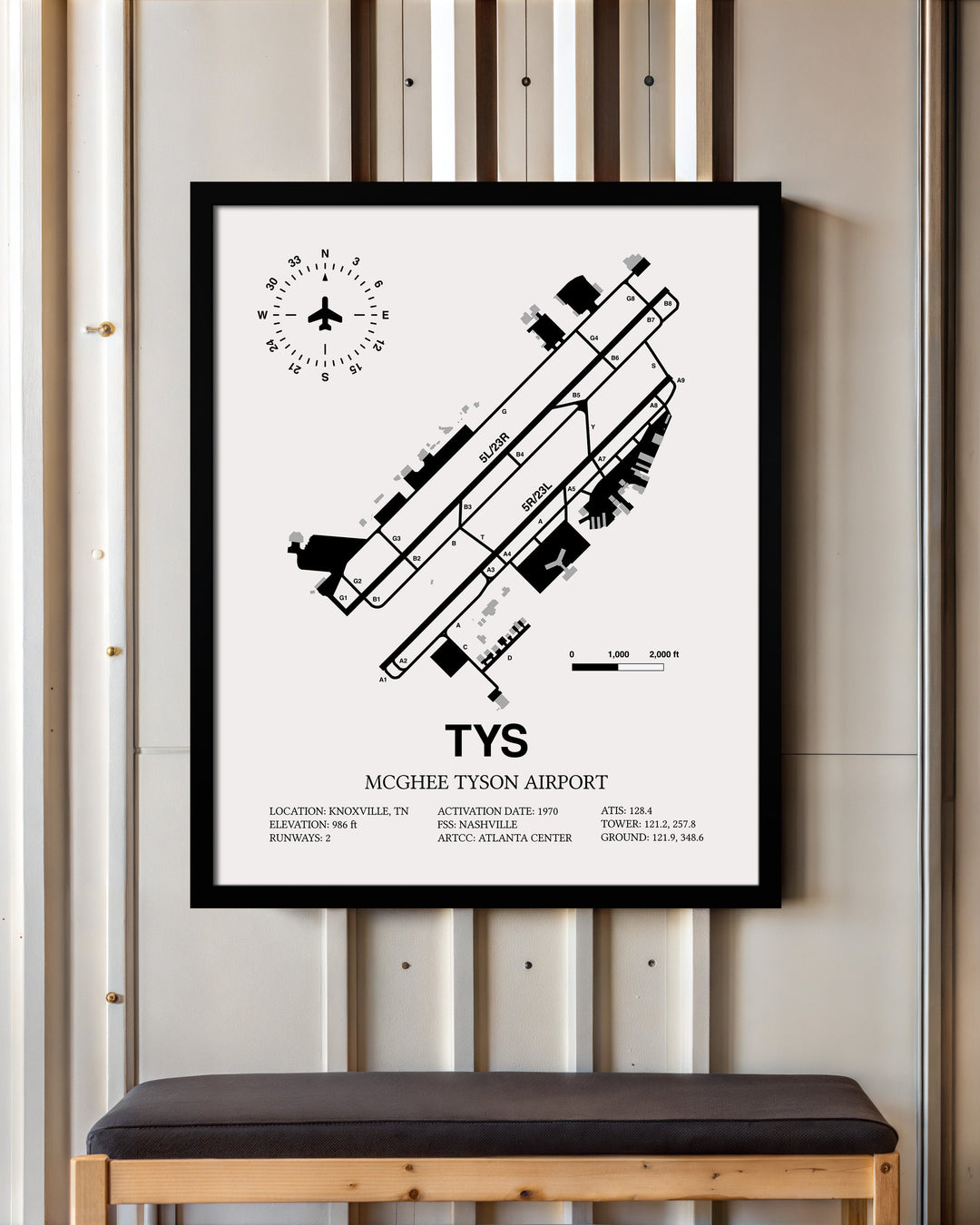 Framed Detailed Airport Map of McGhee Tyson Airport (TYS) in White with a Black Frame
