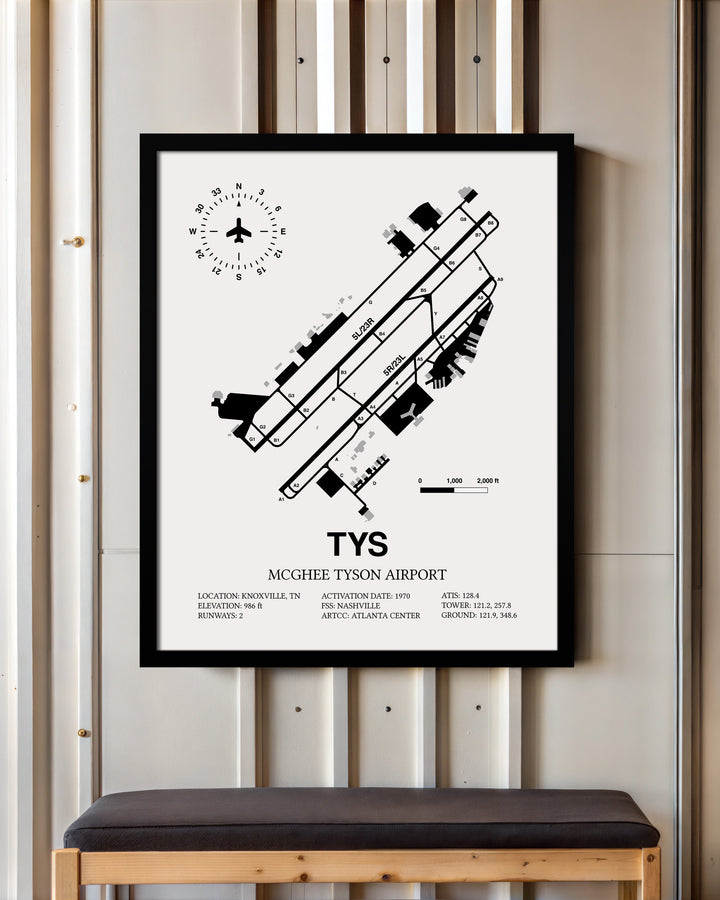 Framed Detailed Airport Map of McGhee Tyson Airport (TYS) in White with a Black Frame