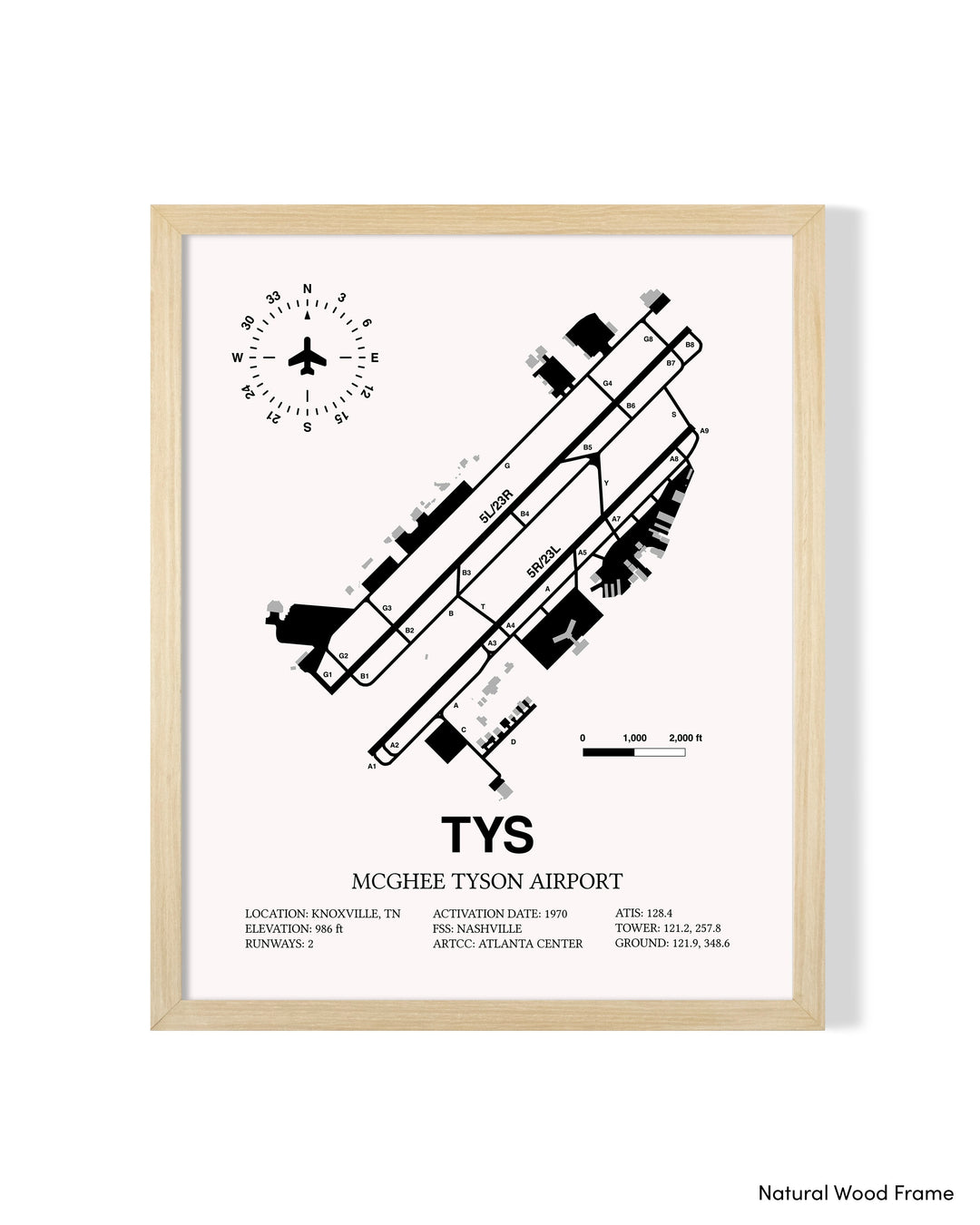 Detailed Airport Map of McGhee Tyson Airport (TYS) in White with a Natural Frame