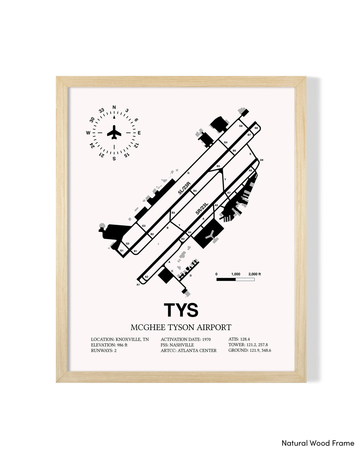 Detailed Airport Map of McGhee Tyson Airport (TYS) in White with a Natural Frame