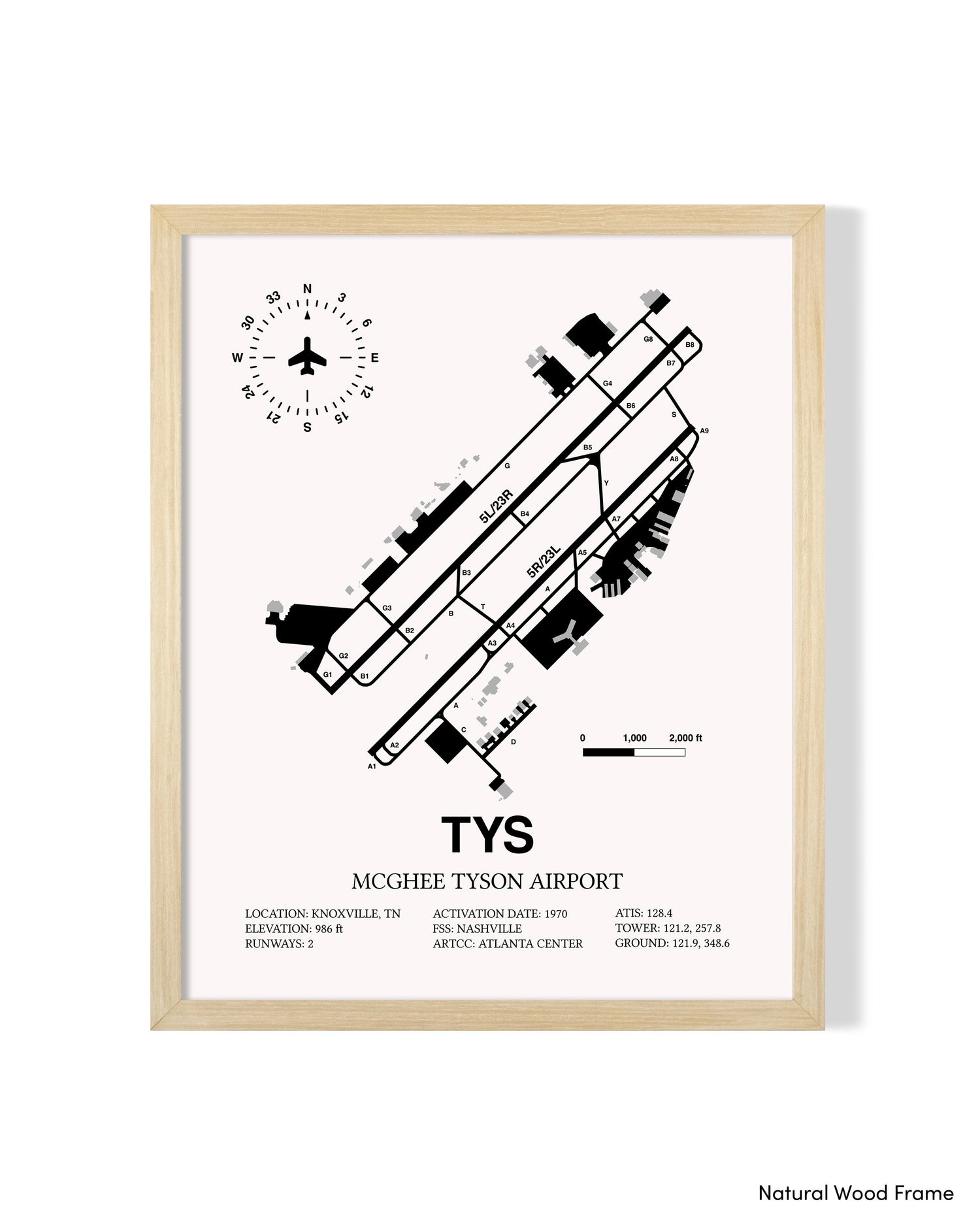 Detailed Airport Map of McGhee Tyson Airport (TYS) in White with a Natural Frame