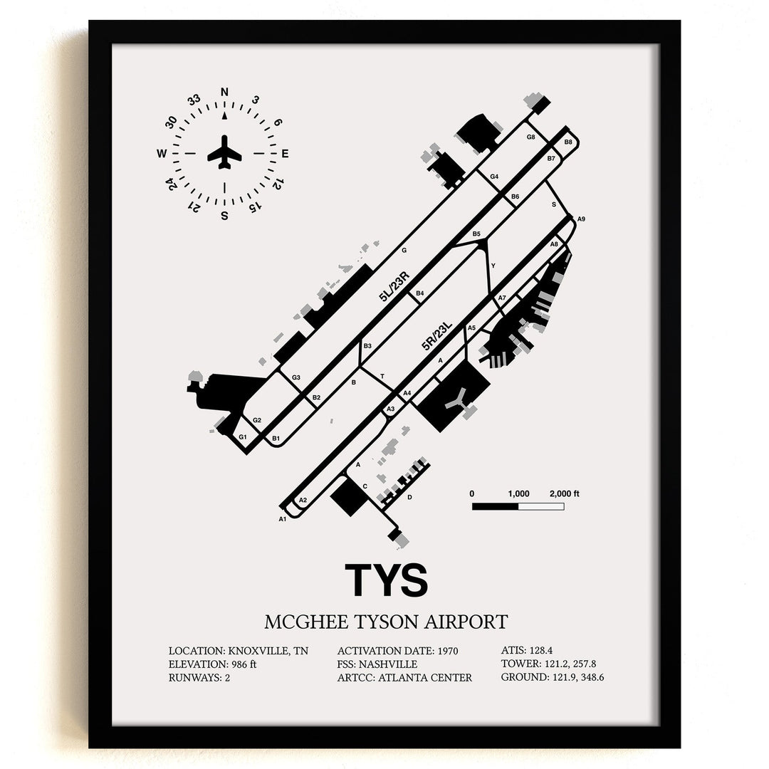 Framed Detailed Airport Map of McGhee Tyson Airport (TYS) in White with a Black Frame