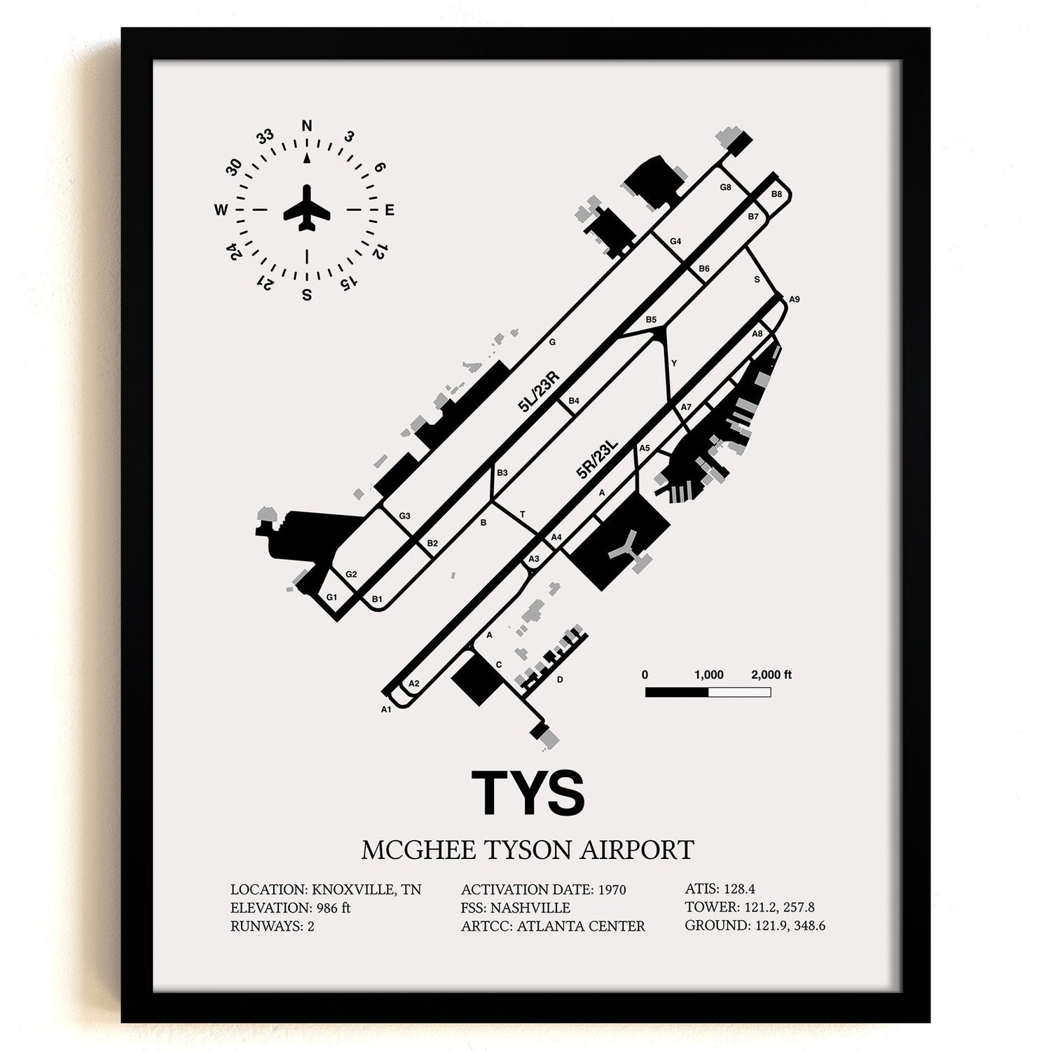 Framed Detailed Airport Map of McGhee Tyson Airport (TYS) in White with a Black Frame