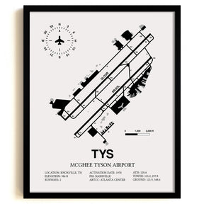 Framed Detailed Airport Map of McGhee Tyson Airport (TYS) in White with a Black Frame