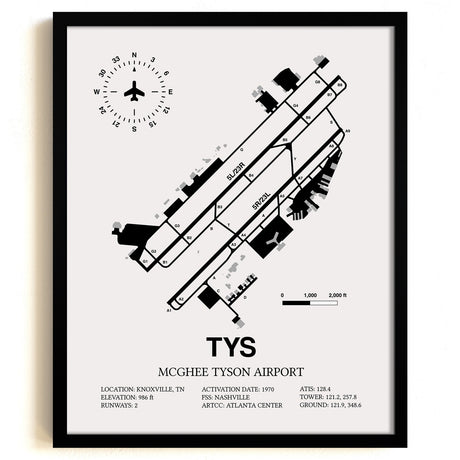 Framed Detailed Airport Map of McGhee Tyson Airport (TYS) in White with a Black Frame