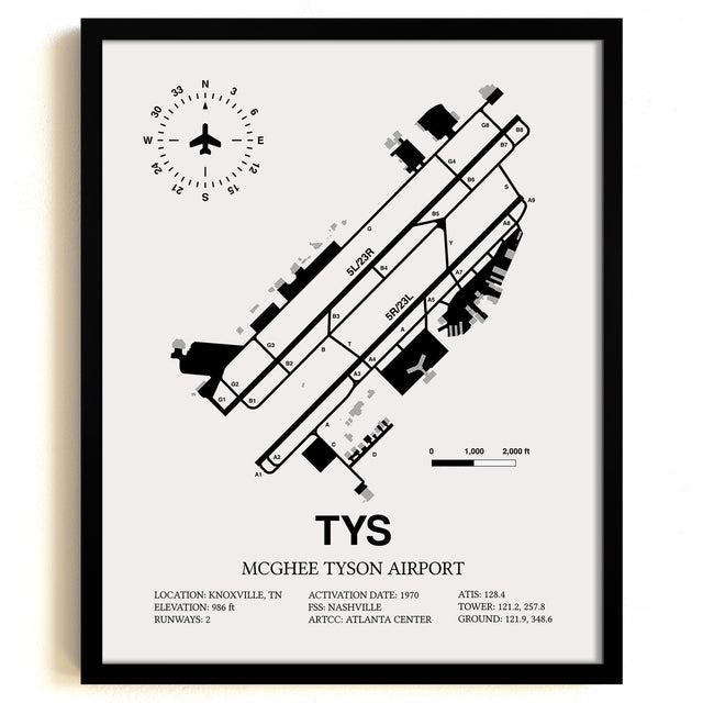 Framed Detailed Airport Map of McGhee Tyson Airport (TYS) in White with a Black Frame