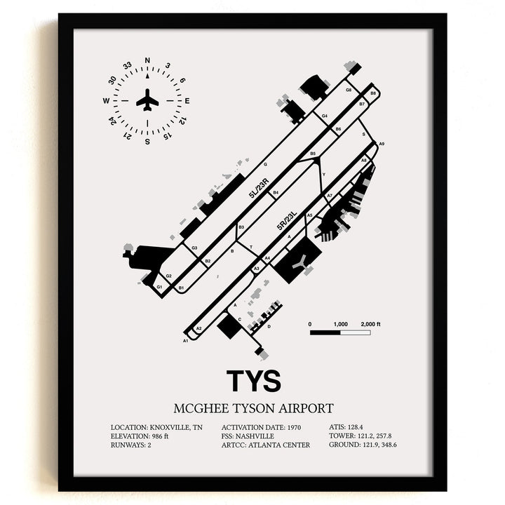 Framed Detailed Airport Map of McGhee Tyson Airport (TYS) in White with a Black Frame